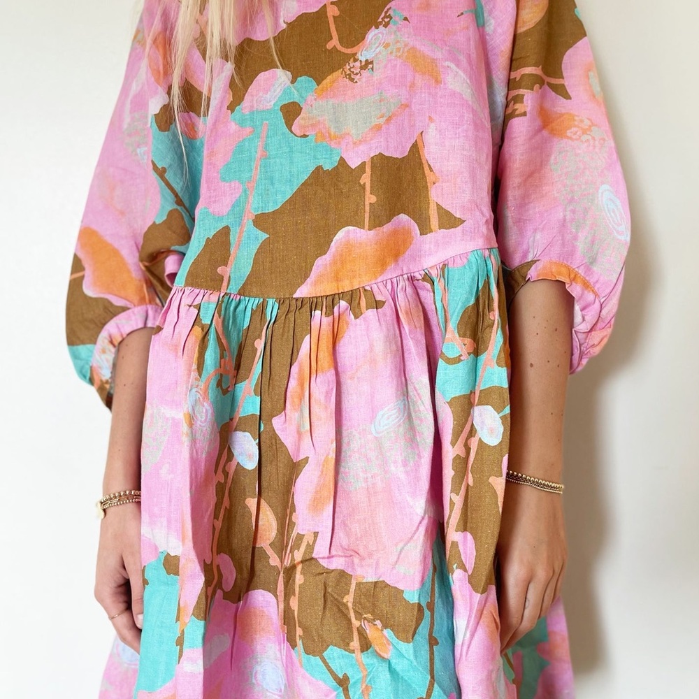 Floral Pink and Brown Mini Dress - Picture 2 of 9